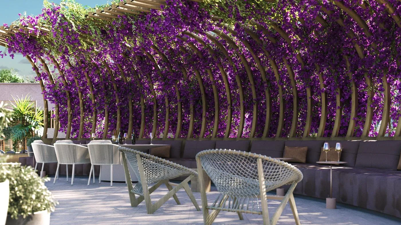 Gazebo coberto de flores roxas
