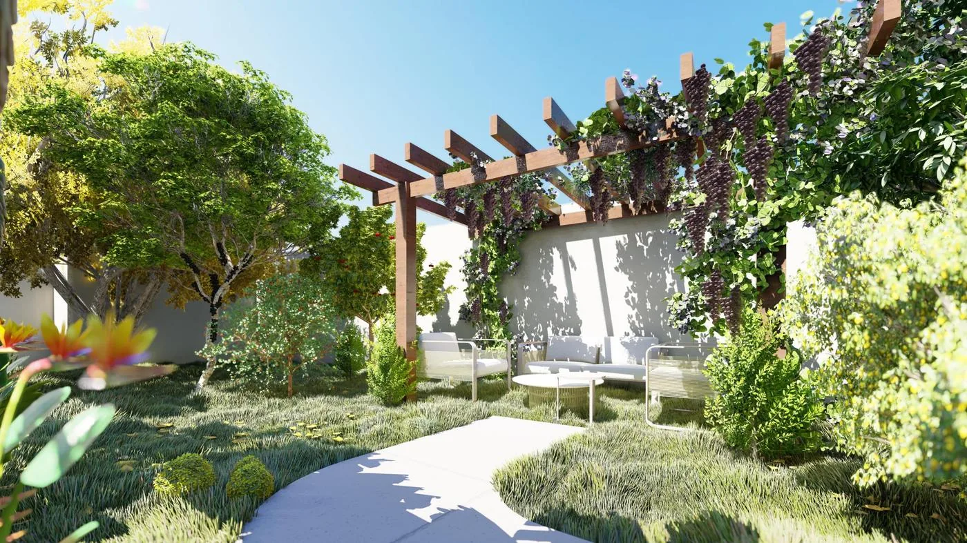 Praça das frutas com pérgola e parreira